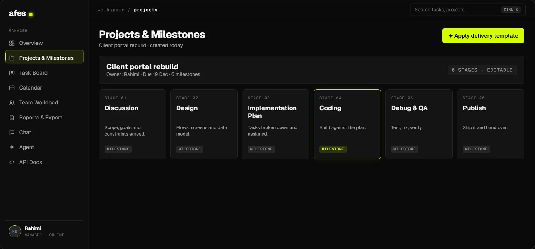 A new project from the six-stage delivery template