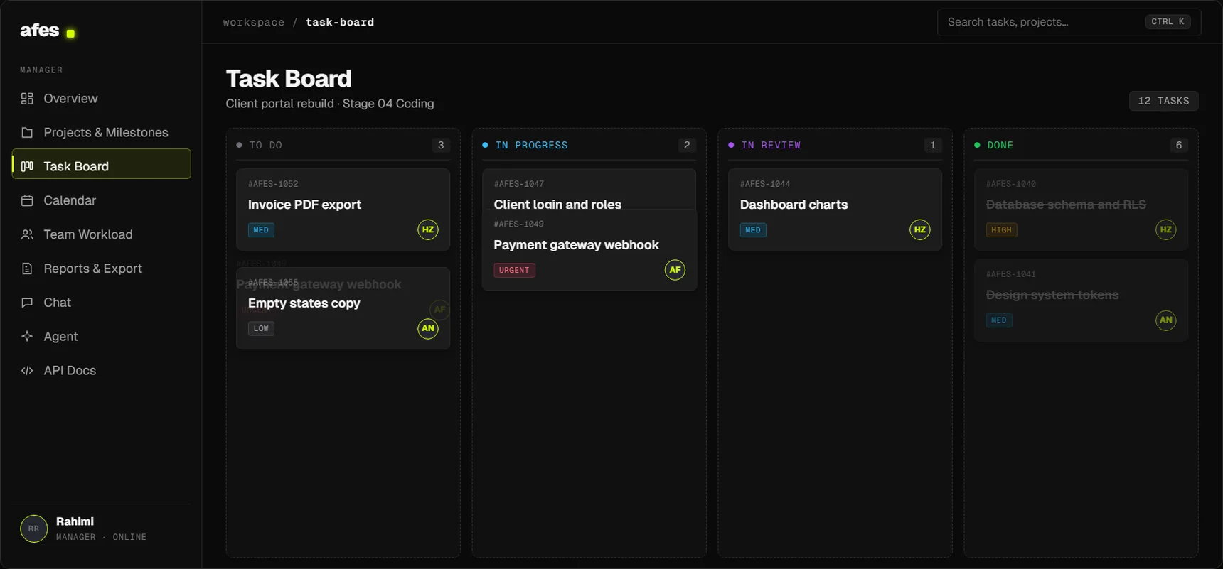 Task board: To Do, In Progress, In Review, Done